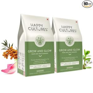 Happy Cultures Grow and Glow Gummies for Hair Growth, Skin Glow, Strong Nails Contains Biotin, Probiotics, Hyaluronic acid