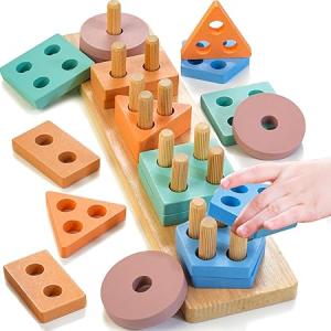 HELLOWOOD Wooden Sorting & Stacking Toy, Colour Recognition Shape Sorter Puzzle Montessori