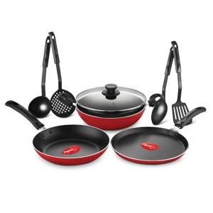 Pigeon by Stovekraft Mio Nonstick Aluminium 8 Pieces Non-Induction Base Kitchen Set - Red